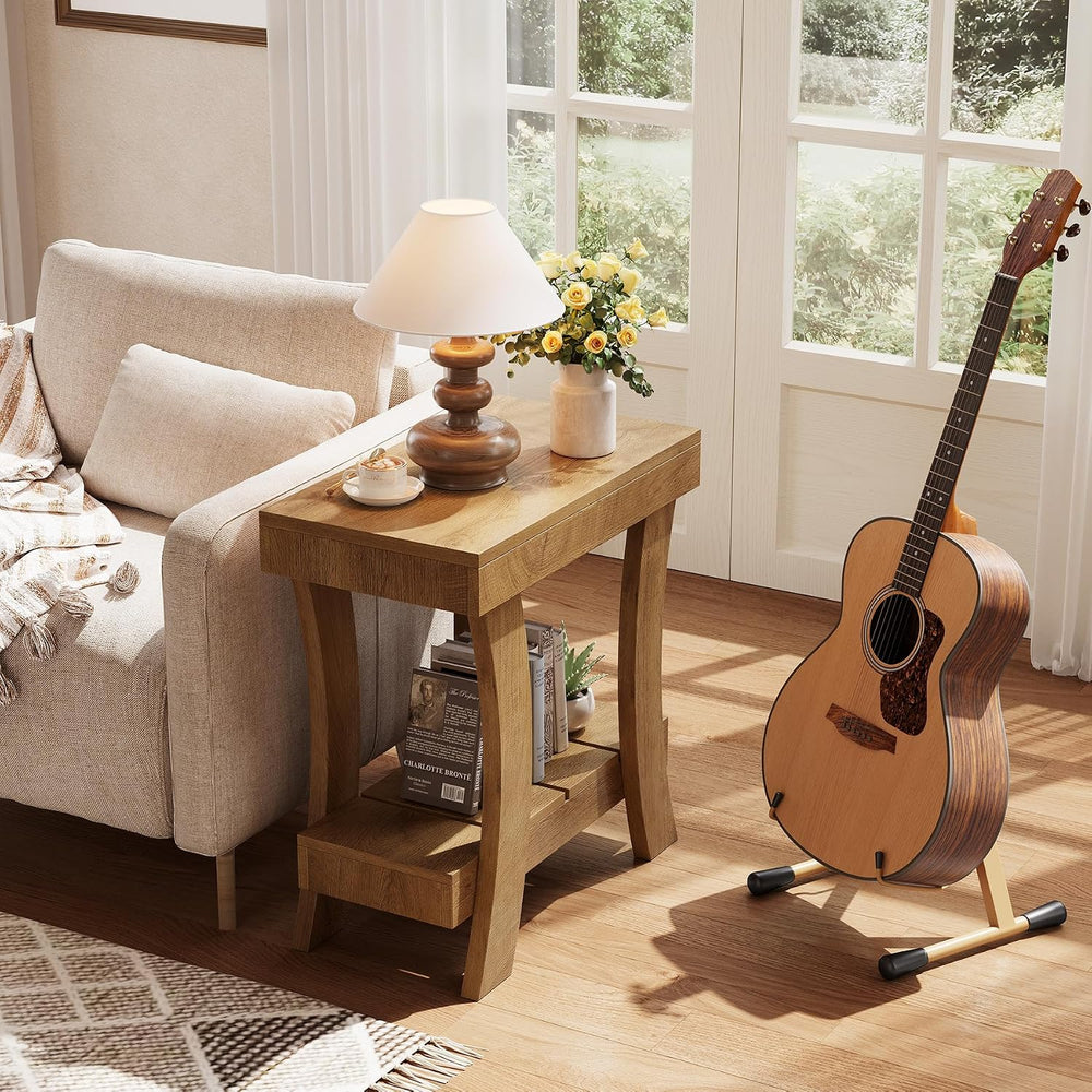 LITTLE TREE Narrow Side Table with Storage Shelf, 2-Tier Rectangular End Tabl...
