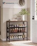 SONGMICS HOME 4 Tier Shoe Storage Organizer, Freestanding Shoe Rack, Dense Mesh, for Living Room, Bedroom, Entryway, Rustic Brown and Black