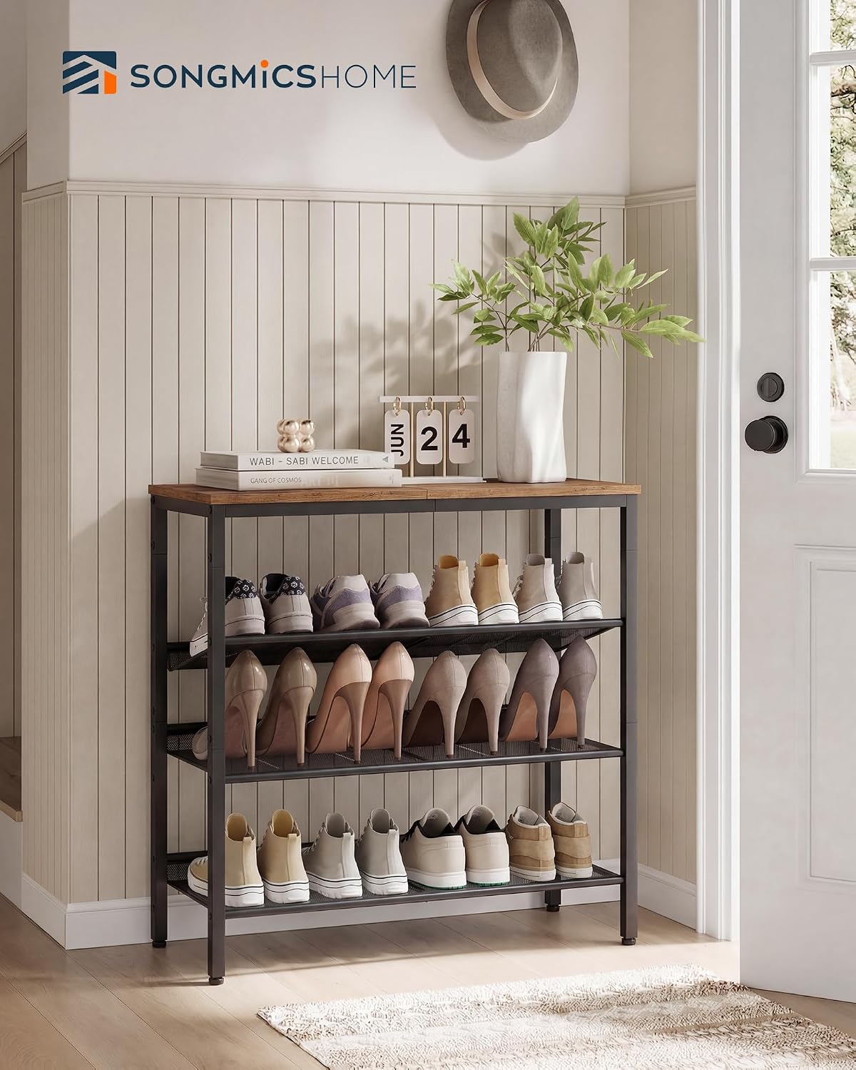 SONGMICS HOME 4 Tier Shoe Storage Organizer, Freestanding Shoe Rack, Dense Mesh, for Living Room, Bedroom, Entryway, Rustic Brown and Black