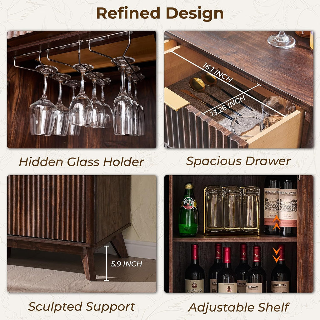 OKD 60" Fluted Coffee Bar Cabinet with Mini Fridge Space, Dark Walnut | Mini Fridge Compatible, Built In Charging Station, 3 Stemware Racks, 2 Drawers, 2 Cabinets, Home Bar Cabinet Storage