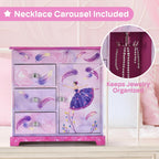 Jewelkeeper Pink and Purple Ballerina 3 Drawers Jewelry Box for Girls - Little Girl's Wooden Jewelry Box with Necklace Carousel - for Kids or Teen Necklaces and Accessories