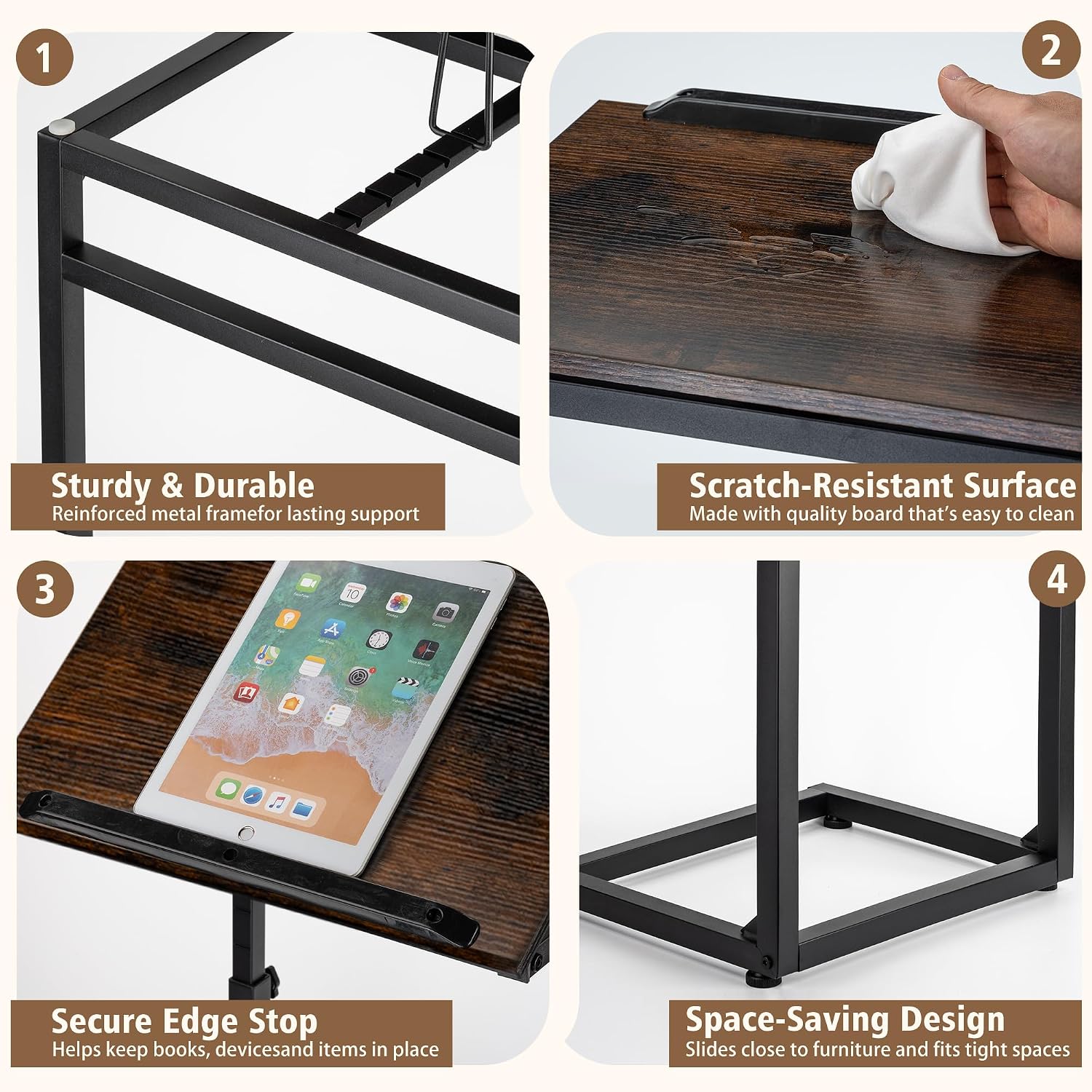 facka C Shaped TV Tray Table, Adjustable Height & 0-60° Tilt for Couch | C Table Sofa Side End Table with Stopper Ledge, Couch Table for Eating, Laptop, Reading & Small Spaces Brown