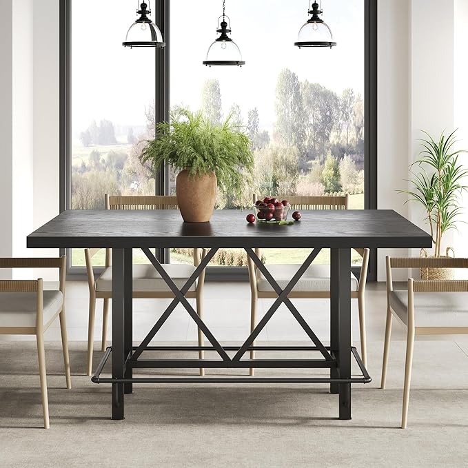 LITTLE TREE 63-Inch Industrial Bar Table with Metal Footrest, Counter Height Pub Table for Kitchen, Home Bar & Entertaining (Black)