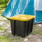HOMZ 18 Gallon Durabilt Storage Bins, Pack of 4 Heavy Duty Plastic Containers, Secure Snap Lids, Break and Blemish Resistant, Stackable, Nestable, Organizing Totes, Black/Yellow
