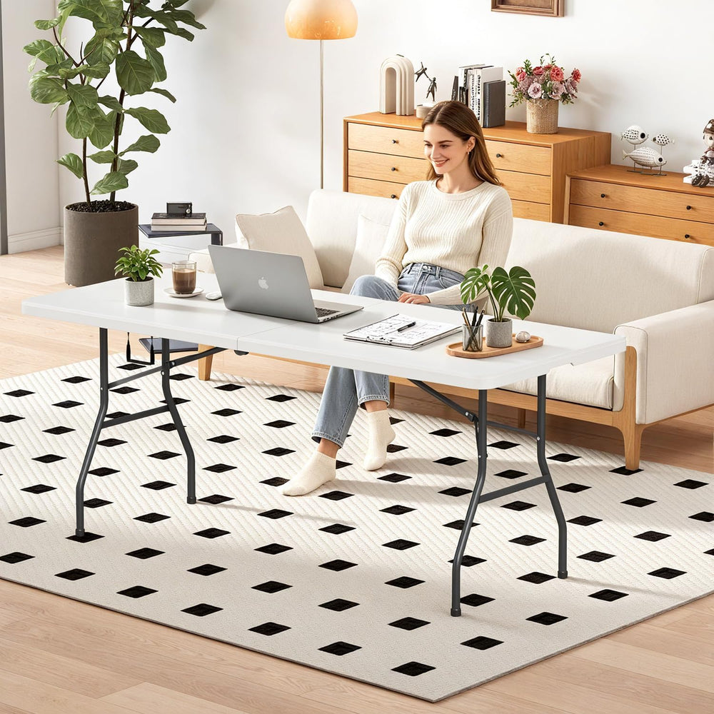 FDW | 6FT Folding Table | White | Portable Plastic Table | with Carry Handle ...