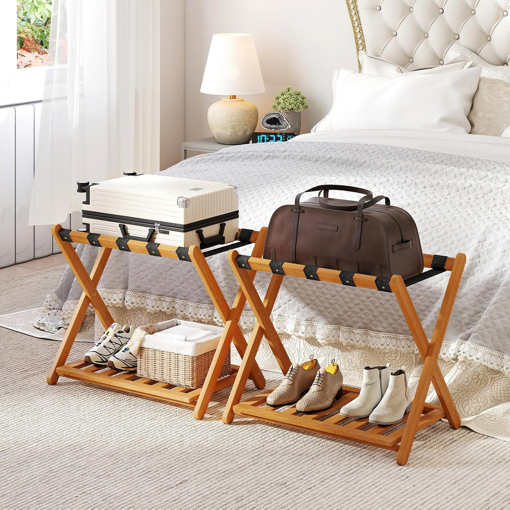 Goplus Luggage Rack for Guest Room Set of 2, Folding Suitcase Stand with Stor...