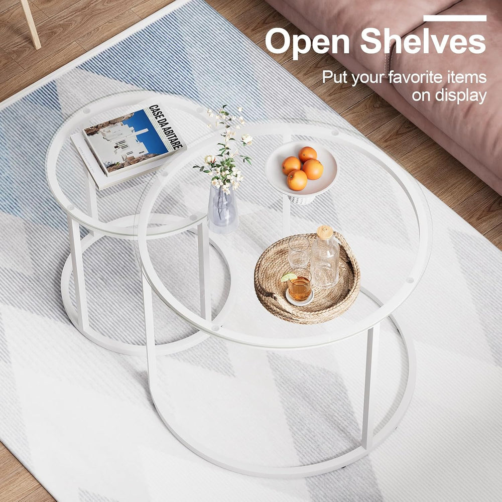 aboxoo White Nesting Glass Table Set of 2, Small Glass Round Nesting Tables f...