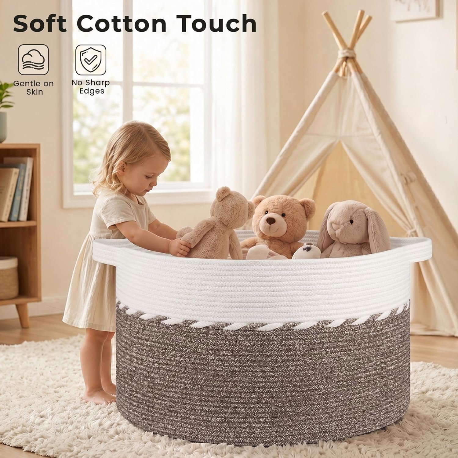 OIAHOMY 90L Extra Large Blanket Basket - Decorative Cotton Rope Storage Basket for Bedroom, Living Room & Nursery - Woven Laundry Hamper for Organizing Blankets, Clothes & Toys - Brown & White