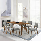 Armen Living Channell Mid Century Modern 7 Piece Walnut Wood Dining Table Set with Charcoal Fabric