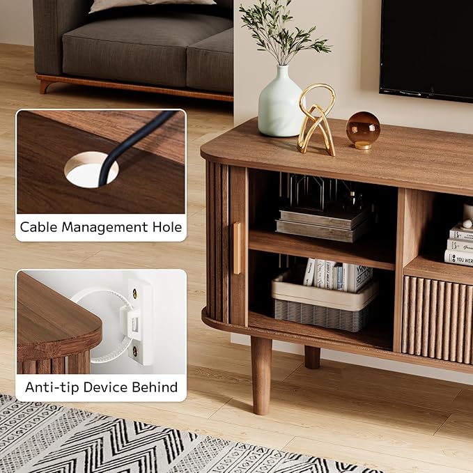 Fluted TV Stand, 55 Inch Mid Century Modern Media Console Table with Sliding Tambour Door Farmhouse Sideboard Buffet Cabinet Fits TVs up to 75 inch, Wood Entertainment Center for Living Room