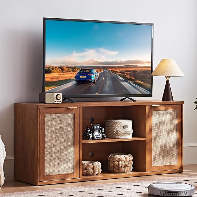 LEYAOYAO Rattan TV Stands for Living Room, Boho TV Cabinet with Storage and Open Shelf, Rustic Wood Entertainment Center, Media Console for 50-65 Inch TV, Tea Brown