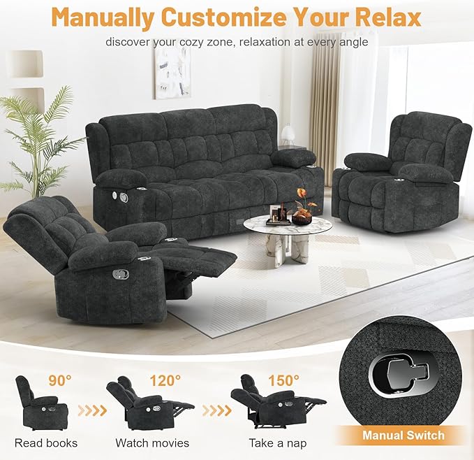 Loveseat Recliner Sofa Set, Flip Middle Backrest Design 3 Seater Reclining Sofa and 2PC Single Oversized Recliner Chair, Manual Couches for Living Room/RV (Gray,3+1+1)