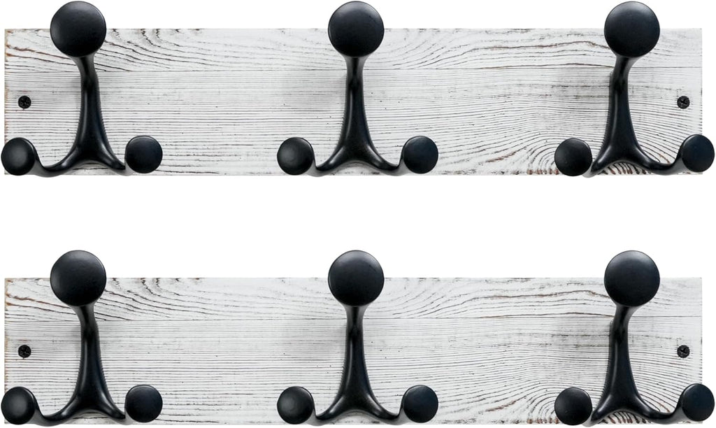 SKOLOO 17-Inch Wood Coat Rack Wall Mount with 3 Triple Hooks - Ideal for Family Entrances, Classrooms, and Pet Supplies Storage - Perfect Coat Hooks for Wall,Distressed White Wash, Pack of 2