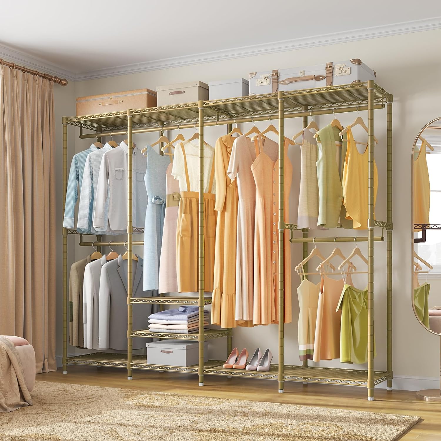 VIPEK V40 Wire Garment Rack Heavy Duty Clothes Racks for Hanging Clothes, Multi-Functional Metal Clothing Racks Bedroom Freestanding Wardrobe Closet Rack, 76" Lx15.7 Wx76.4 H, Max Load 1110lbs, Gold