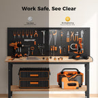 60" Work Bench Adjustable Height with Storage Shelf, Max Load 2000 LBS Heavy Duty Rubberwood Tabletop with Pegboard, LED Light, Built-in Power Strip for Woodworking Shop, Garage, Home