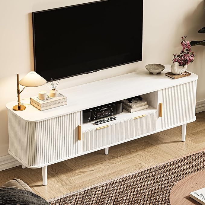 TV Stand 62.4 Inch Mid Century Modern Media Console Table with Drawer Sliding Tambour Door Farmhouse Sideboard Buffet Cabinet Fits TVs up to 75 inch Fluted Wood Entertainment Center(White)