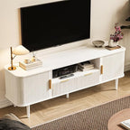 TV Stand 62.4 Inch Mid Century Modern Media Console Table with Drawer Sliding Tambour Door Farmhouse Sideboard Buffet Cabinet Fits TVs up to 75 inch Fluted Wood Entertainment Center(White)