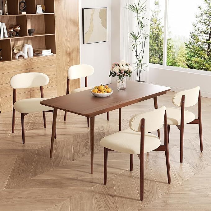 Wooden Dining Chair Set of 4, Modern Dining Chairs with with Curved Back, Linen Fabric Upholstered Kitchen Room Chairs with Adjustable Legs for Farmhouse Dining Living Room,Beige