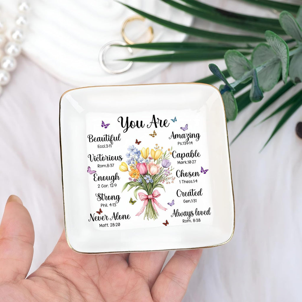 Christian Bible Verse Jewelry Dish, 4" Ceramic Jewelry Tray, Christian Gift for Women, Mother's Day, Birthday, Catholic Gifts for Mom/ Grandma, Graduation, Confirmation Gifts for Teen Girls, Daughter