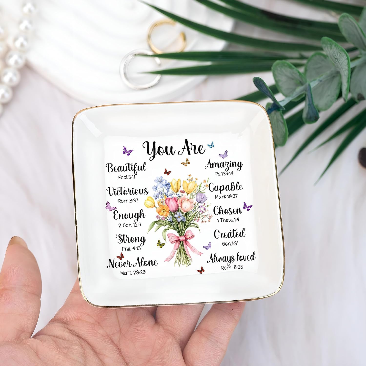 Christian Bible Verse Jewelry Dish, 4" Ceramic Jewelry Tray, Christian Gift for Women, Mother's Day, Birthday, Catholic Gifts for Mom/ Grandma, Graduation, Confirmation Gifts for Teen Girls, Daughter