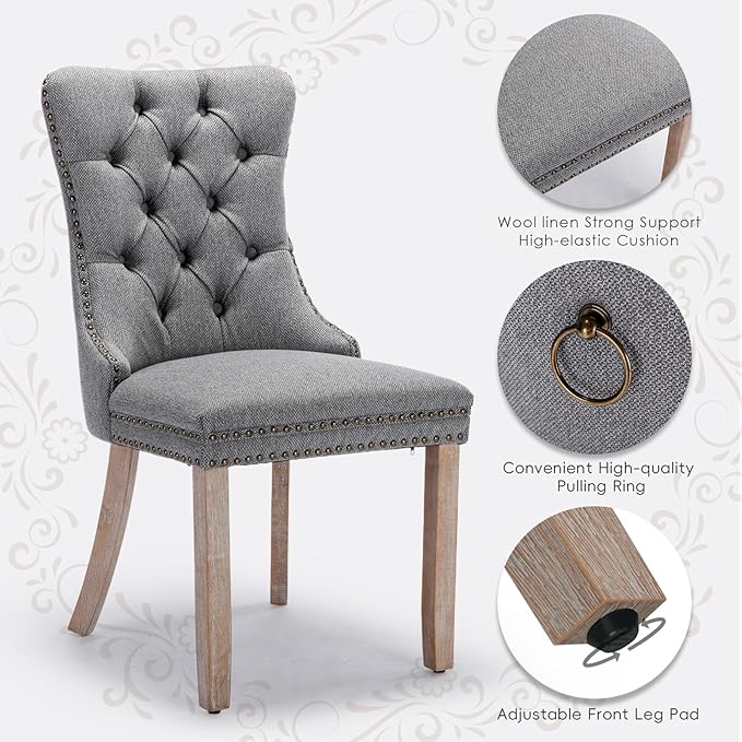 Linen Upholstered Dining Chairs Set of 6, Modern Style Kitchen Side Chairs with Nailhead Trim and Wood Leg, Metal Pulling Ring for Dining Room Living Room(Smoky Gray,Set of 6)
