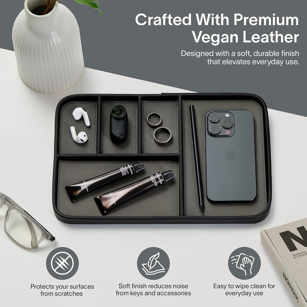 Nordik Leather Valet Tray - Large EDC Tray - Pebble Black (11.8 x 7.9 in) | Premium Vegan Leather with Two-Toned Design, Includes Five Compartments, Giftable, Catchall Tray for Keys Watch and Jewellery