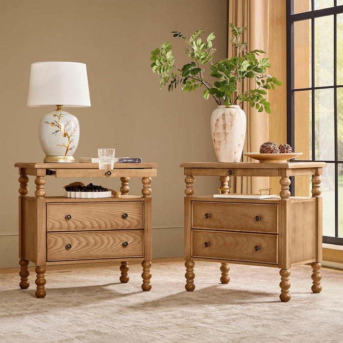 HULALA HOME 26" End Tables Set of 2 with Charging Station, Transitional 2 Drawer Wood Endtables with Pull-Out Shelf and Open Storage Space, Large Side Tables with Solid Wood Spindle Legs, Oak
