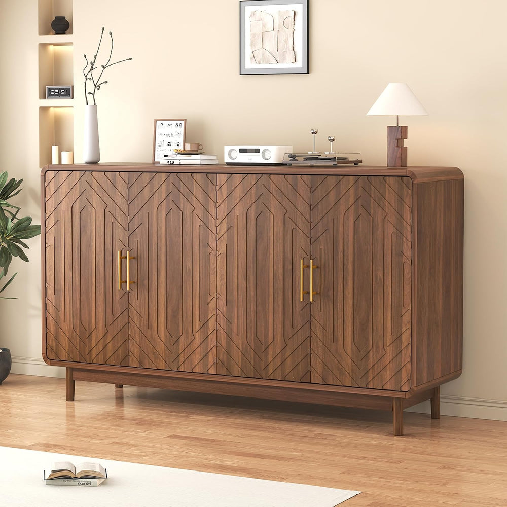 Modern Sideboard Buffet Cabinet with Storage, Carved 4-Door Accent Cabinet wi...