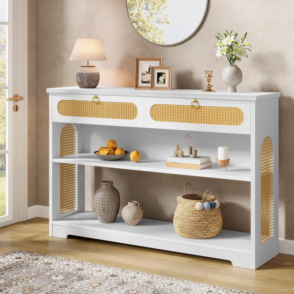 Hoctieon Rattan Console Table with 2 Drawers, 3-Tier Boho Woven Entryway Tabl...