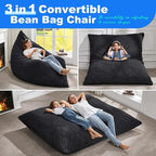 Hobestluk 3 in 1 Bean Bag Chair Giant Bean Bag Chairs for Adults with Chevron Plush Fur Cover Convertible Bean Bag Floor Cushion with Machine Washable Cover for Living Room (Chevron Plush Black)