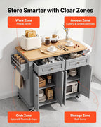 VEVOR Kitchen Island Cart with Storage, 43.7 in Wide Mobile Rolling Storage Island on Swivel Wheels, with 2 Drawers, Storage Cabinet, Spice/Towel Rack, Hooks, Table for Home Dining Room, Gray