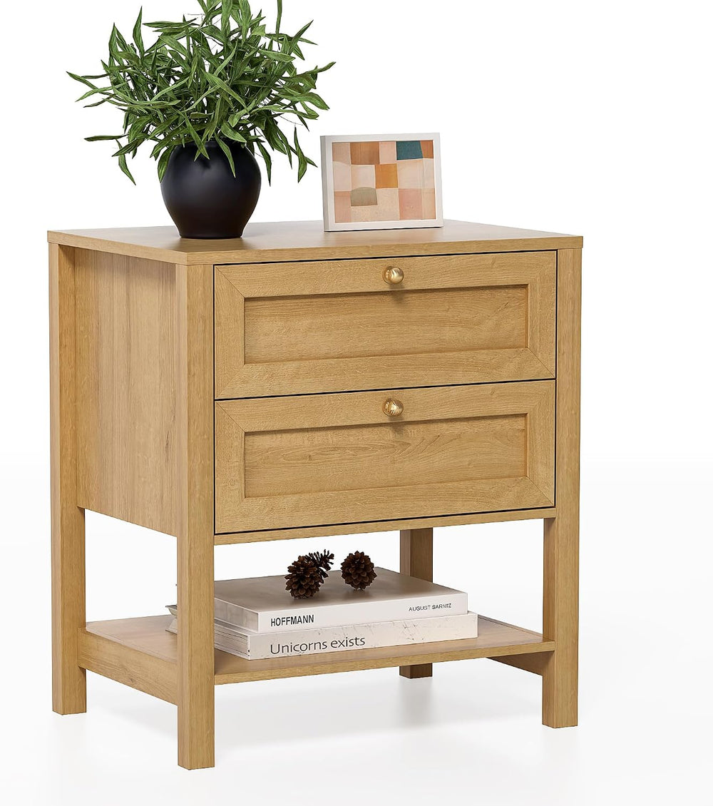 End Table with 2 Drawers, Farmhouse Nightstand with Open Shelf, Modern Bedsid...