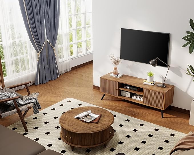 COMHOMA TV Stand for Living Room, Mid Century Modern Entertainment Center for 55/60/65 Inch TVs, Retro Brown TV Console with Fluted Door Cabinets and Open Adjustable Shelve Storage for Bedroom (53In)