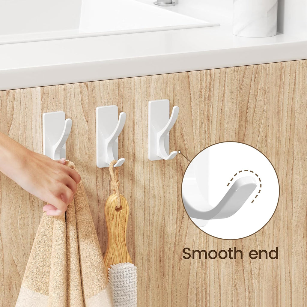 pickpiff White Self Adhesive Coat Hooks for Hanging, Heavy Duty Stainless Double Wall Hook for Towel, Backpack, Hat, Sturdy Metal Hanger for Bathroom, Bedroom, Door, Wall Mounted, 4-Pack