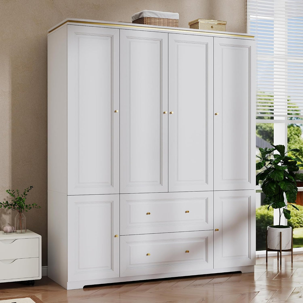 Armoire Wardrobe Closet with Drawers: 74" White Wardrobe with 2 Drawers, 4 Doors Bedroom Armoires with Hanging Rod, Tall Closet Cabinet for Hanging Clothes (59")