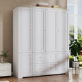 Armoire Wardrobe Closet with Drawers: 74" White Wardrobe with 2 Drawers, 4 Doors Bedroom Armoires with Hanging Rod, Tall Closet Cabinet for Hanging Clothes (59")