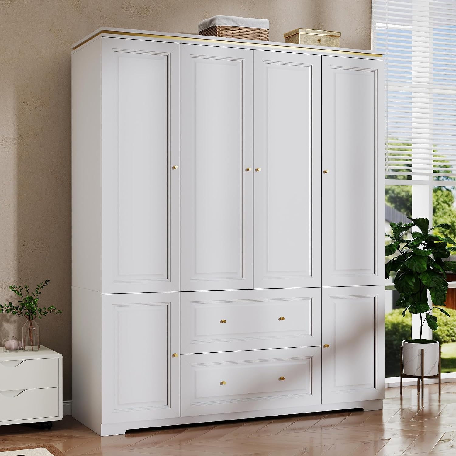 Armoire Wardrobe Closet with Drawers: 74" White Wardrobe with 2 Drawers, 4 Doors Bedroom Armoires with Hanging Rod, Tall Closet Cabinet for Hanging Clothes (59")