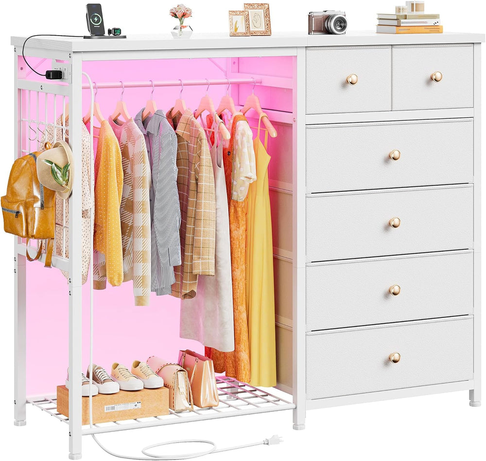EnHomee 49.2" W Dresser with Hanging Rack & 6 Drawers, Grid Panel &a...