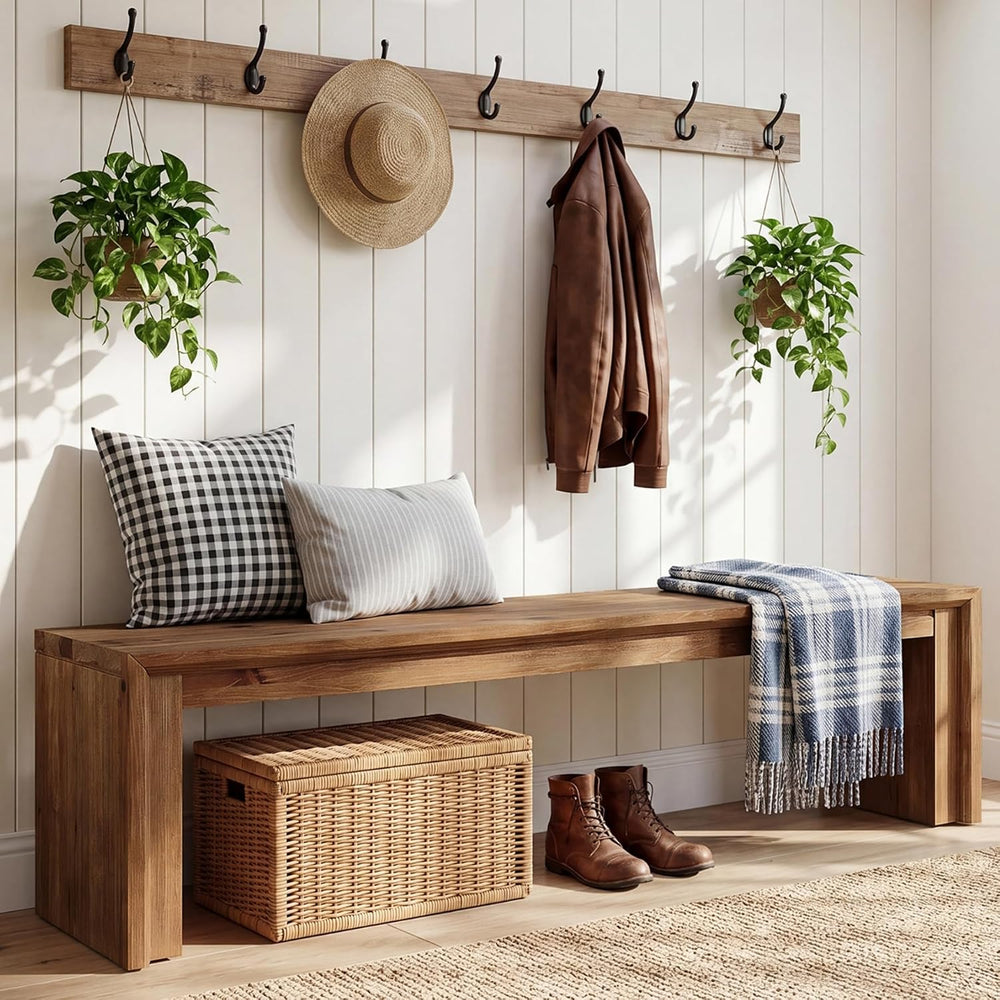 63-Inch Solid Wood Dining Bench, Farmhouse Long Bench for Dining Table, Woode...