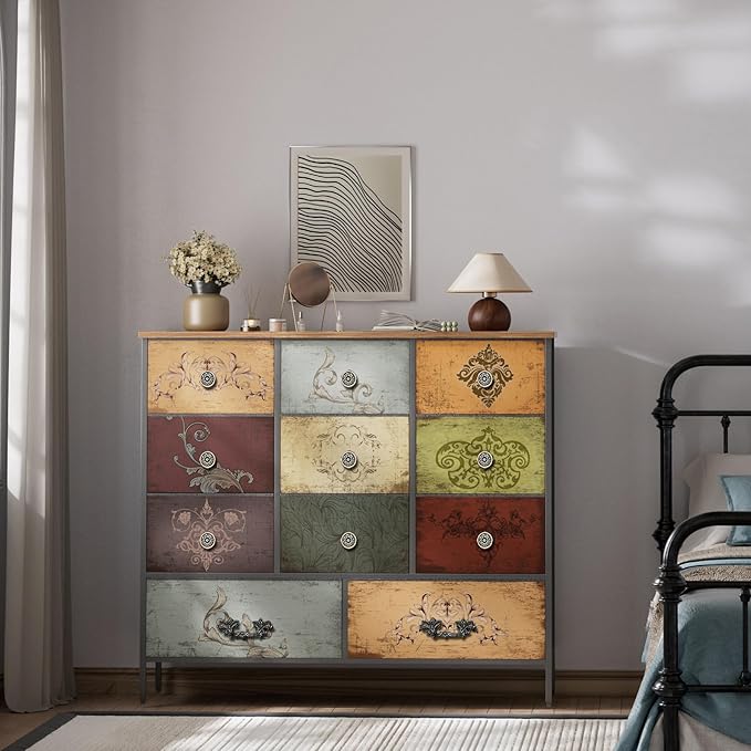 Dresser for Bedroom with 11 Deep Fabric Drawers, Tall Chests of Drawers, Wide TV Stand, Cube Storage Organizer for Closet, Nursery, Kid's Bedroom