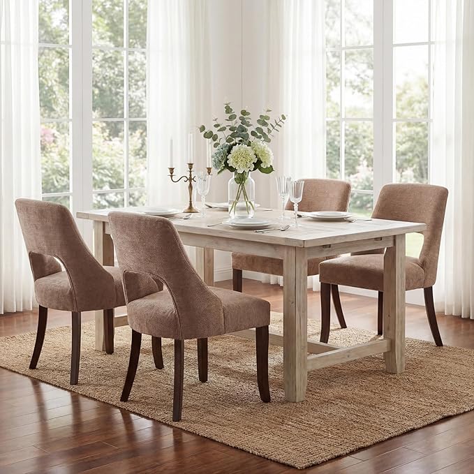 UVV Wooden Dining Chairs Set of 2, Mid Century Modern Upholstered Dining Room Chair Kitchen Chairs, Chenille Dinner Chair with Solid Wood Legs for Kitchen Dining Room, Khaki