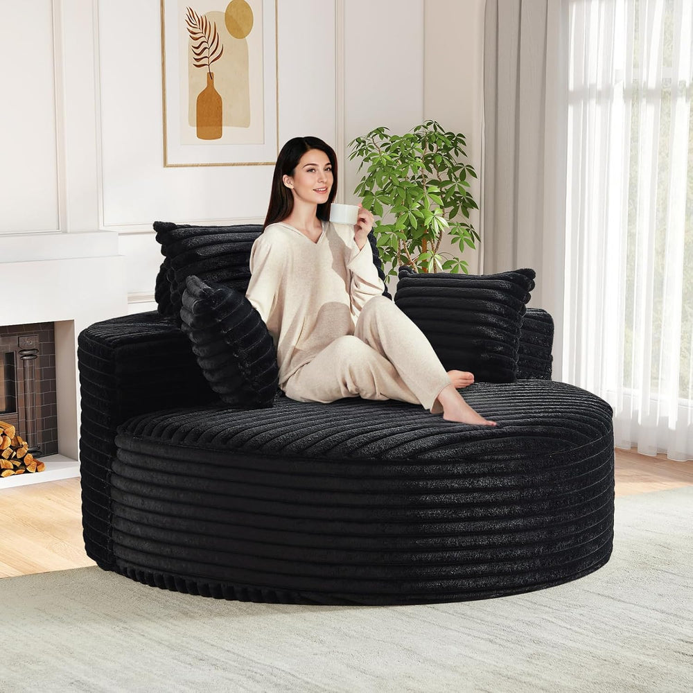 Oversized Round Chaise Longue Chair Indoor, Modern 55-inch Upholstered Cordur...