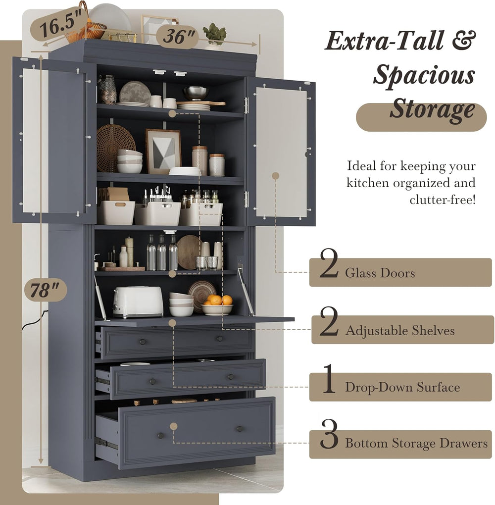 78" Tall Kitchen Pantry Cabinet, Freestanding Food Storage Pantry Cupboa...
