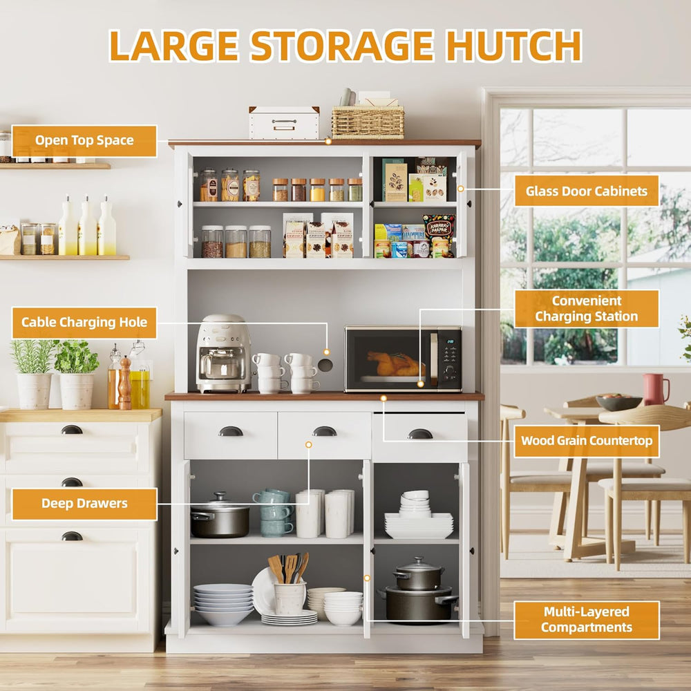 71" Kitchen Hutch with Charging Station, Tall Pantry Storage Cabinet wit...