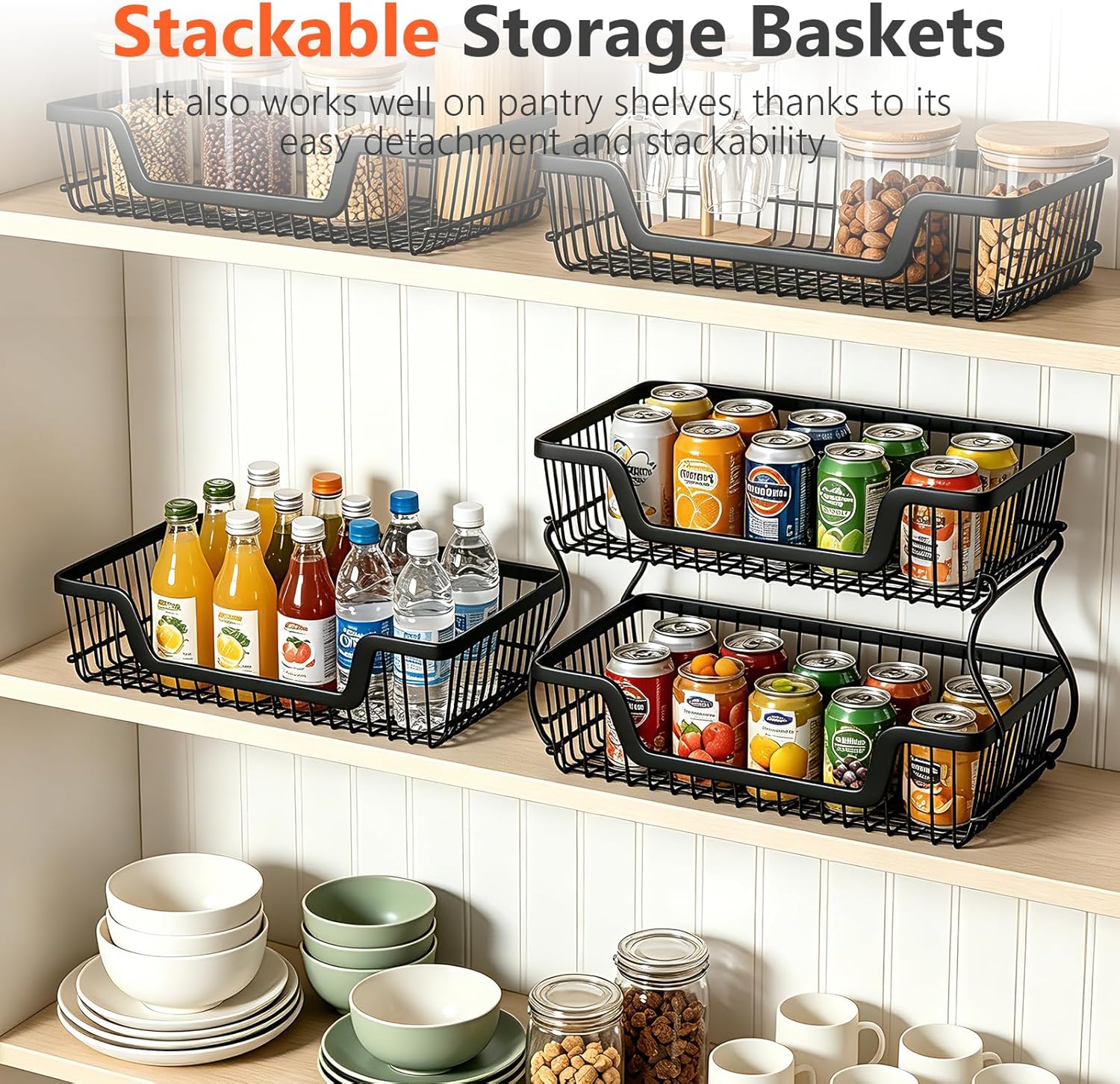 3-Tier Rolling Kitchen Storage Cart Fruit Basket Stand for Vegetables & Snacks Stackable Wire Pantry Floor Organizer with Wheels for Kitchen, Living Room, Bedroom, Office (Black)