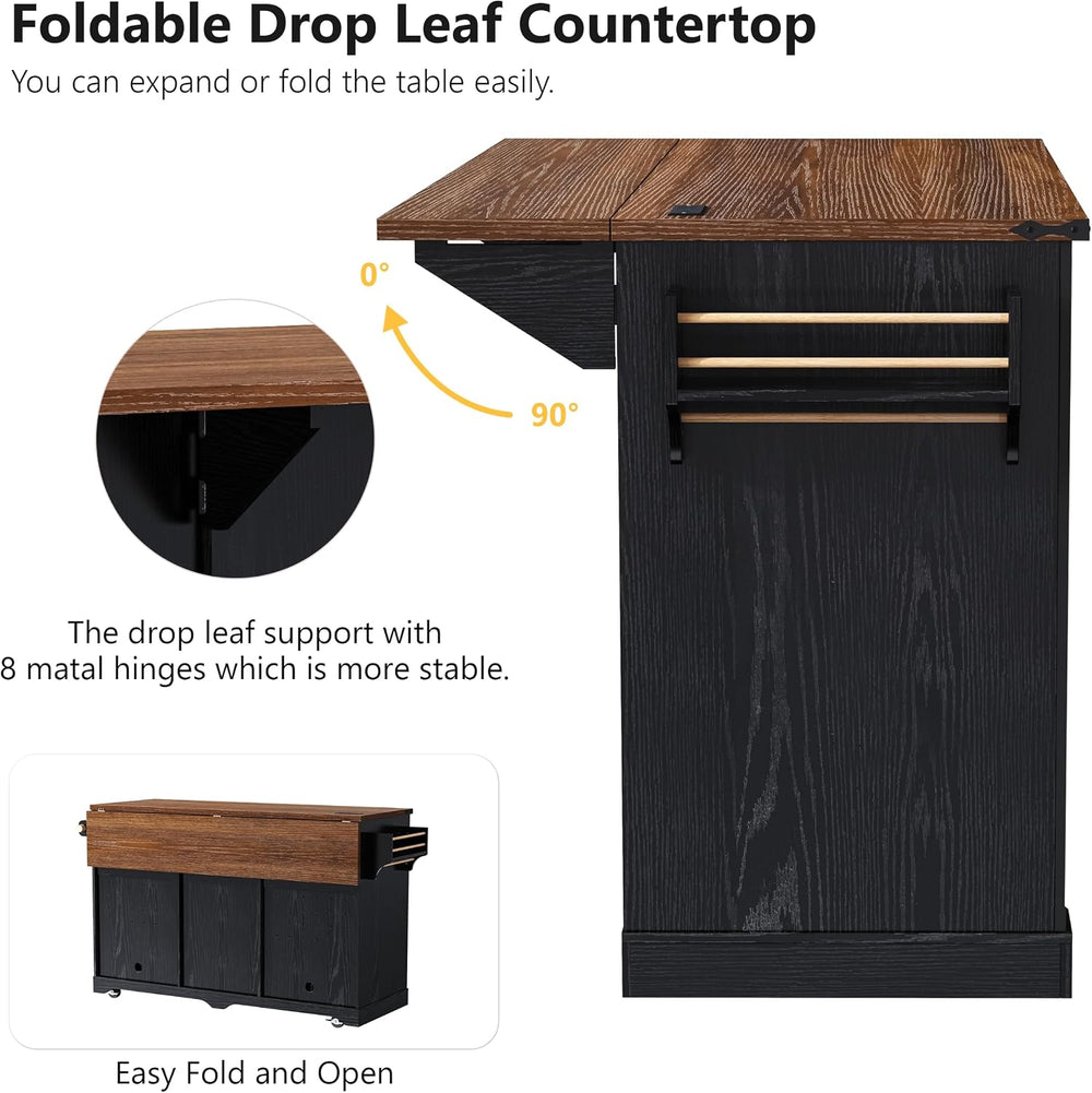 72" Farmhouse Kitchen Island with Sliding Barn Doors, Black | Fridge Spa...