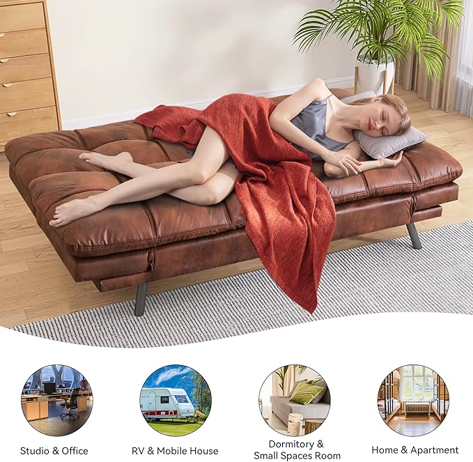 71" Convertible Futon Sofa,Faux Leather Futon Couch Bed,Sleeper Sofa Bed,Memory Foam Modern Folding Small Loveseat for Living Room,Office,Apartment,Classic Brown