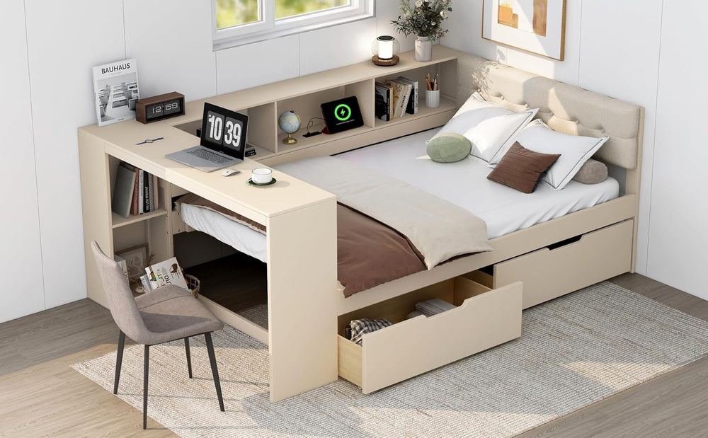 Tidyard Wood Full Size Platform Bed with Storage Shelves Drawers and USB Char...