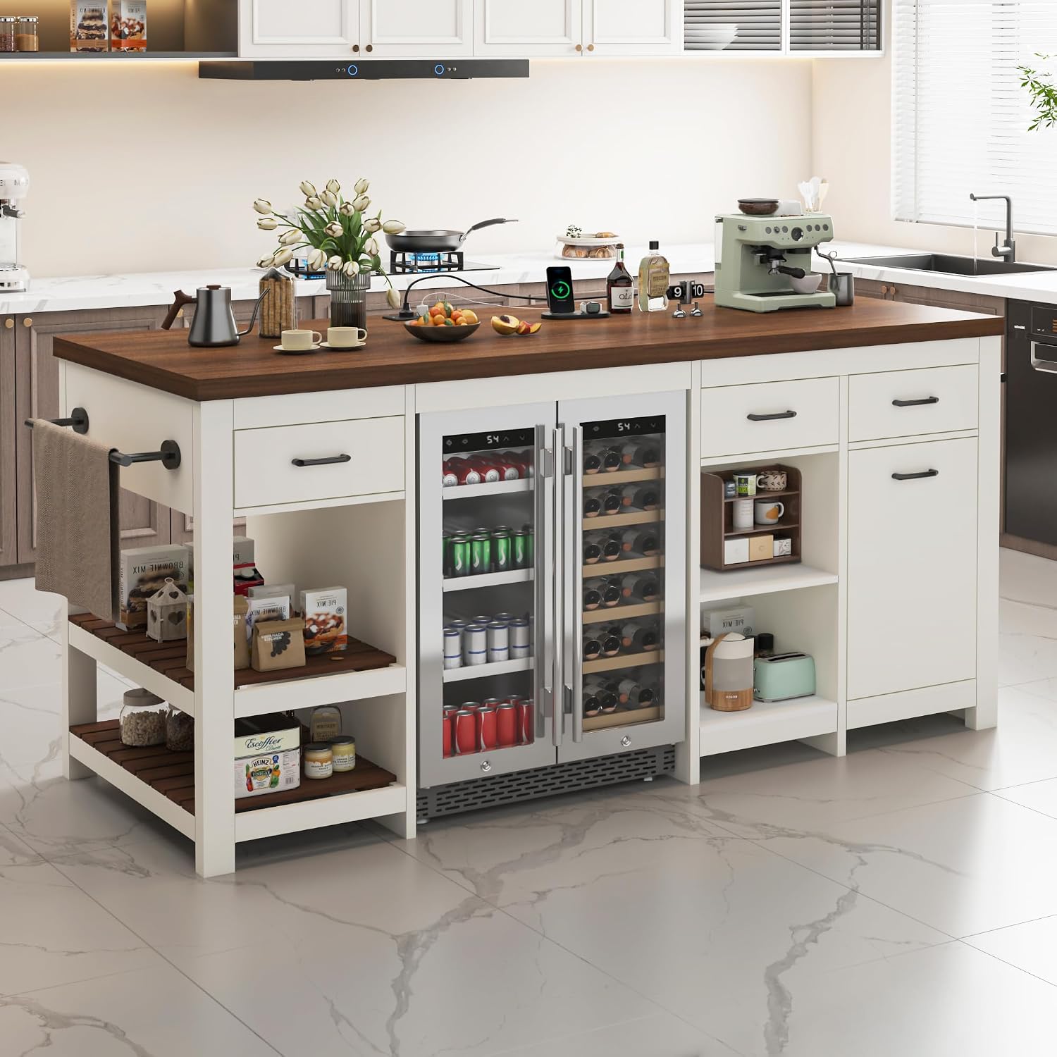72" Stationary Kitchen Island with Charging Station | Large Kitchen Bar Island Table, 6 Storage Drawers, Open Shelves & Built-in Fridge Space, Towel Racks