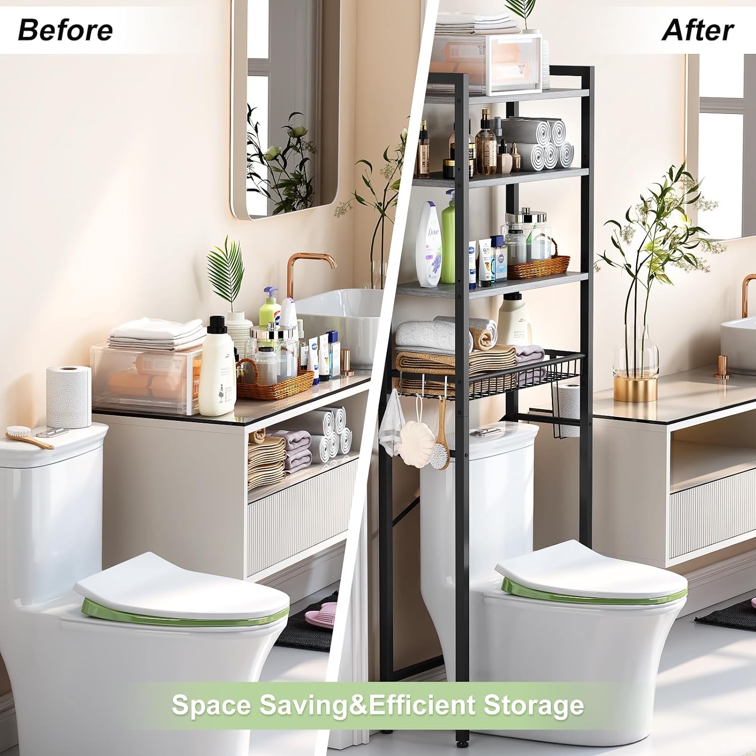 Over-The-Toilet Storage Rack, 4-Tier Bathroom Organizer Shelf Over Toilet with Adjustable Shelf and Basket, Freestanding Space Saver Bathroom Shelves Above Toilet for Room (Pure Gray)